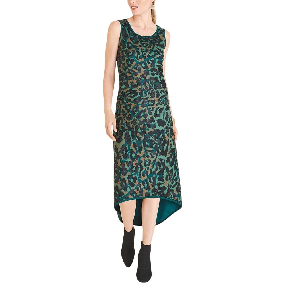 Chico's Animal Print High-Low Hem Midi Dress Green Leopard Size 2 Large 12 14